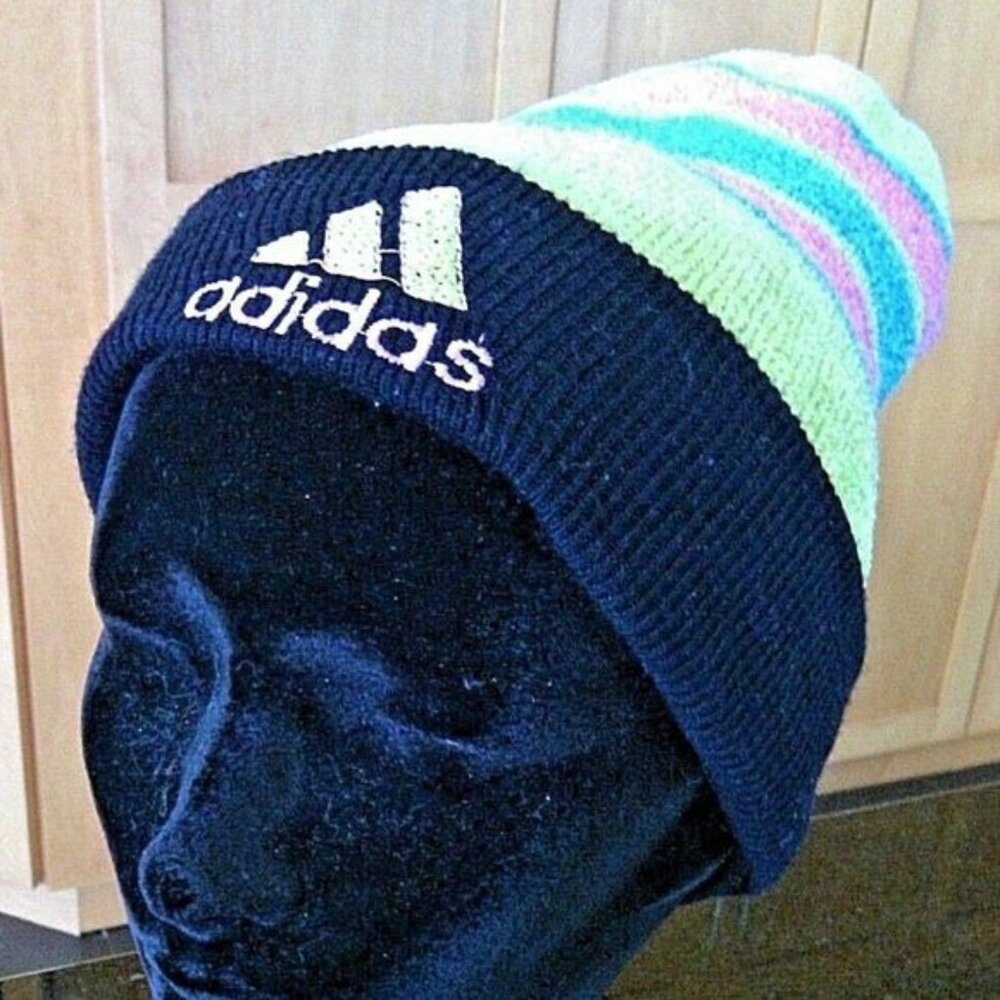 Adidas Hat Winter Beanie Cap Striped Toque Pom Pom Unisex Cold Weather Warm Ears - Picture 16 of 16